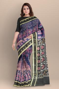 Exclusively woven temple theme body with pasapalli border Cotton Ikat Saree without blouse piece