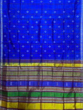 Royal blue n wine color Pasapalli buti on checks body double Aanchal Berhampuri silk saree