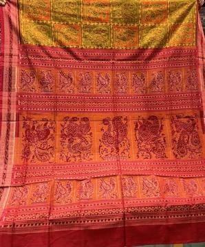 Beautiful peacock motifs Ikat weave cotton saree with blouse piece