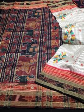 Baghambari motifs on sachipar checks Khandua silk Ikat saree without blouse piece