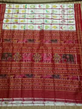 Elephant and lion motifs Aanchal traditional Khandua silk Nabakothi saree without blouse piece