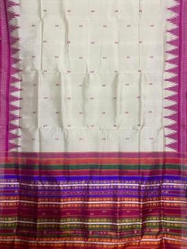 Heavy thread work multicoloured double Aanchal milky white and pink combination Berhampuri silk sare