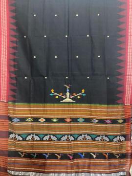 Black and red combo fish buta border bird motifs Ganjam Bomkai saree with blouse piece