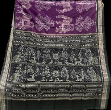 Exclusively woven elephant and tree motifs cotton Ikat saree with blouse piece