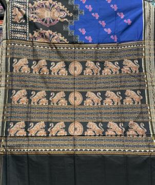 Exclusively woven wheel dancers and animal motifs cotton Ikat saree with blouse piece