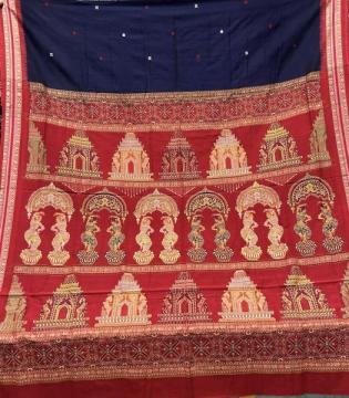 Beautiful temple and dancer motifs cotton Bomkai saree with blouse piece