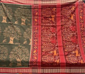 Intricately woven beautiful trees and animal motifs cotton Ikat saree with blouse piece