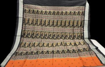 Ancient Kalinga boita boat with chariot motifs Bomkai Silk saree with Blouse piece