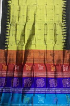 Exclusively woven deer and elephant motifs double Aanchal with fish buta Berhampuri silk saree