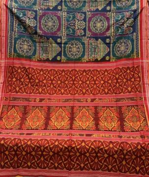 Temple theme with wheels and lion motifs cotton Ikat saree with blouse piece