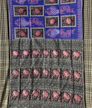 Exquisite fish and lotus motifs exclusively woven  Cotton ikat saree with blouse piece