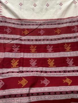 Beautiful birds and fish motifs Aanchal with flower motifs body slight coarse cotton Sambalpuri Sare