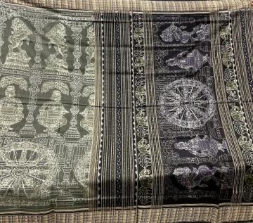 Intricately woven temple sculpture theme with dancer chakra motifs cotton Ikat saree with blouse