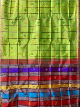 Lime Green body checks double Aanchal Berhampuri silk saree with blouse piece