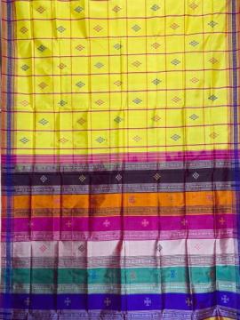 Lemon Yellow body checks double Aanchal Berhampuri silk saree with blouse piece