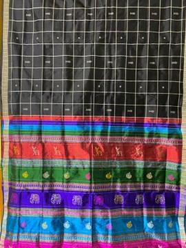 Body checks with fish motifs double Aanchal animal motifs Berhampuri silk saree with blouse piece