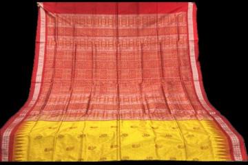 Beautiful yellow and red combination peacock and flower butis Bomkai Silk saree with blouse piece