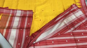 Beautiful yellow red combination phoda kumbha border single Aanchal Berhampuri silk saree with blous