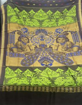 Intricately woven Krishna and peacock motifs soft Erie silk saree with blouse piece