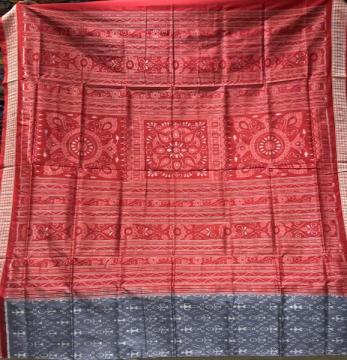 Beautiful grey and red tribal motifs body with traditional Aanchal Ikat silk saree with blouse piece