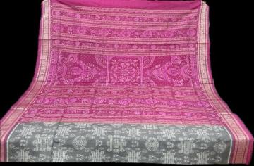 Spiritually woven Laxmi Pooja theme Ikat silk saree with blouse piece