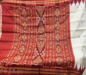 Beautiful off white and red Khandua silk saree without blouse piece