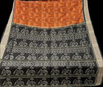 Laxmi Pooja theme body with flower buti border and elephant motifs Aanchal cotton Ikat saree