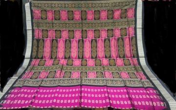 Beautiful Magenta and black combination front and Aanchal work Bomkai silk saree with blouse piece