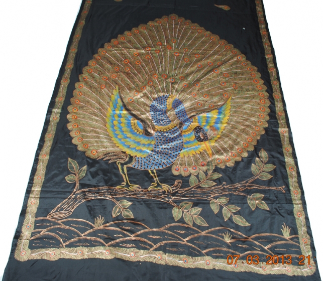 Exquisite Hand Painted traditional Peacock Design Silk Saree