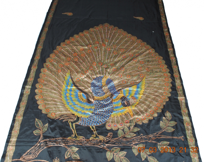 Exquisite Hand Painted traditional Peacock Design Silk Saree