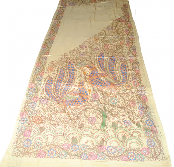 Kalamkari Peacock Design with Flower Leaf Patli Saree