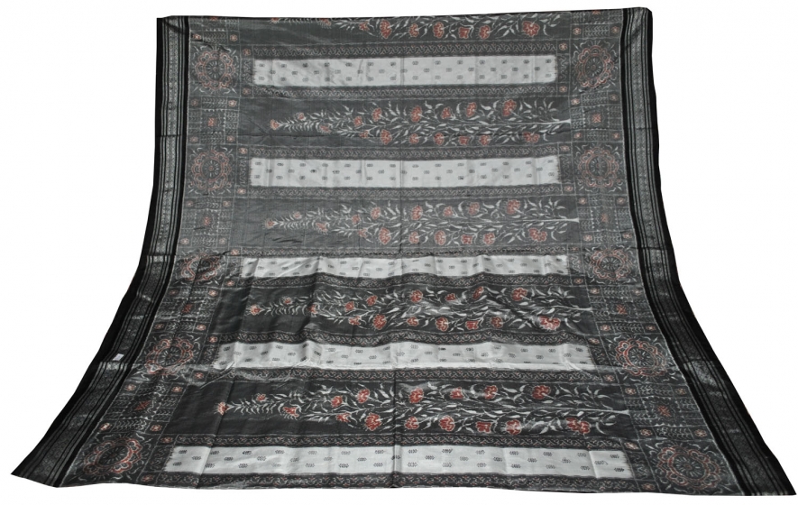 White n Black Tree Motifs Ikat n Bomkai Saree