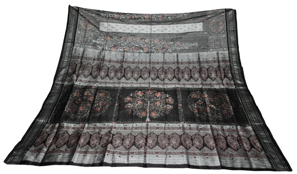 White n Black Tree Motifs Ikat n Bomkai Saree