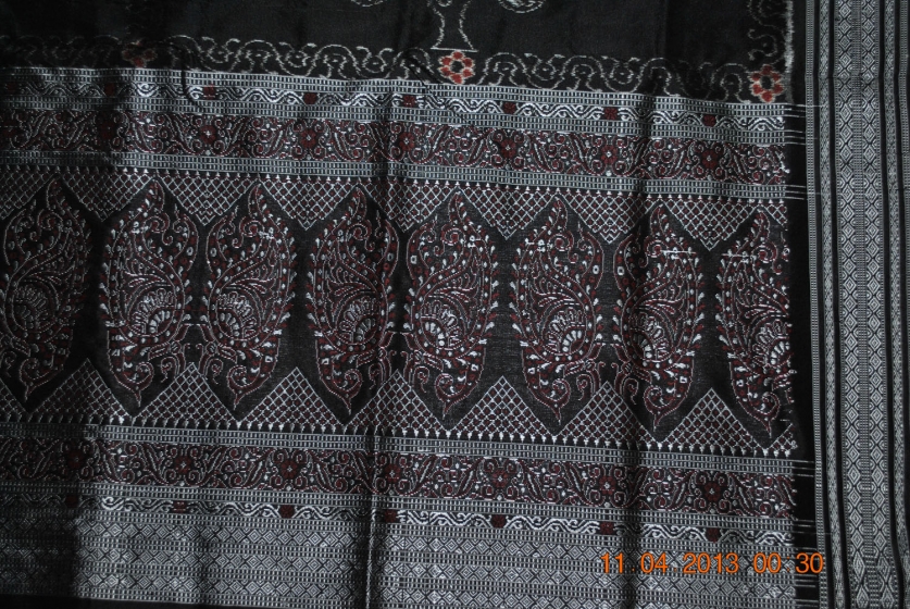 White n Black Tree Motifs Ikat n Bomkai Saree