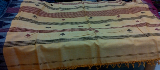 Light Yellow fine cotton and tassar Mix Fish Motif Ganga Jamuna Border Kotpad Saree