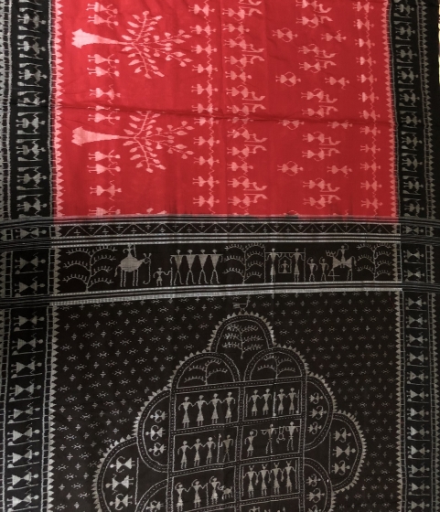 Saura Tribal Motifs Red and Black Cotton Ikat Saree without Blouse Piece