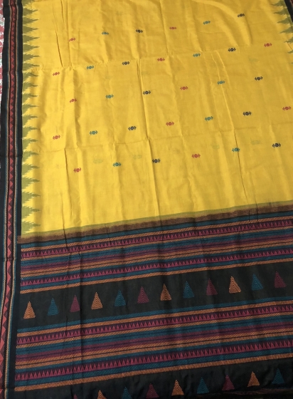 Yellow and Black Dongria Cotton Saree without Blouse Piece