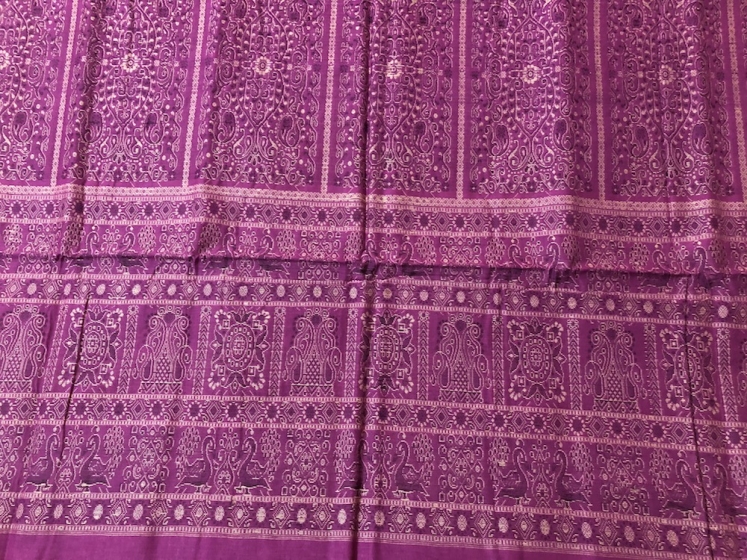 White And Purple Traditional Bomkai Cotton Saree with Blouse Piece