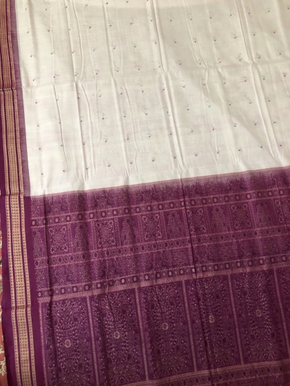 White And Purple Traditional Bomkai Cotton Saree with Blouse Piece