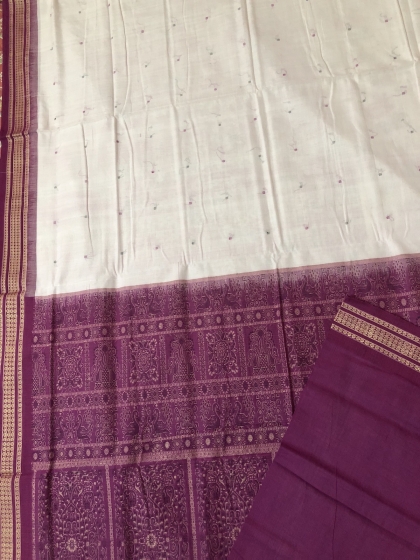 White And Purple Traditional Bomkai Cotton Saree with Blouse Piece