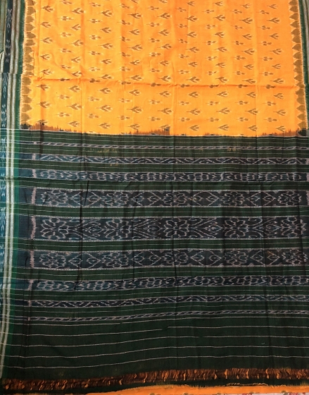 Yellow Green All Over Ikat Cotton Saree without Blouse piece