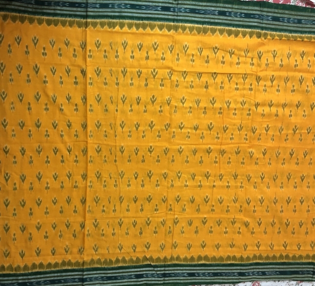 Yellow Green All Over Ikat Cotton Saree without Blouse piece