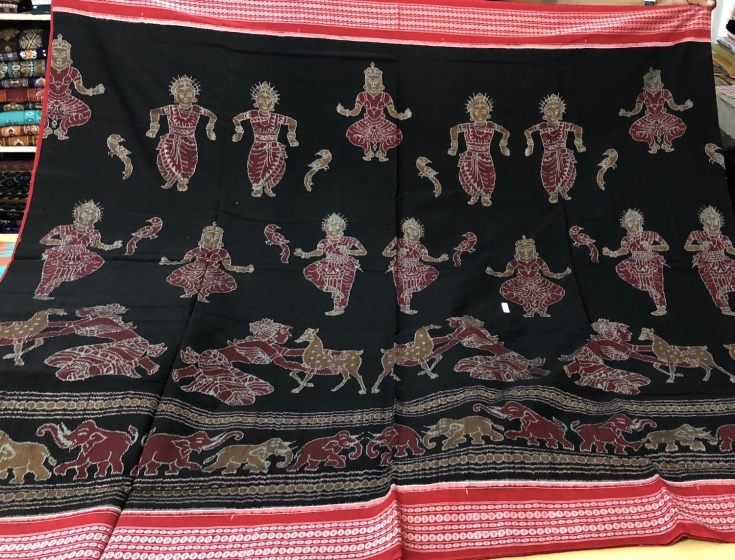 Dancer and Animal Motifs Exclusively Woven Ikat Cotton Saree with Blouse Piece