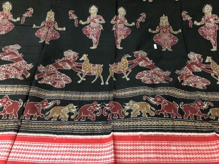 Dancer and Animal Motifs Exclusively Woven Ikat Cotton Saree with Blouse Piece