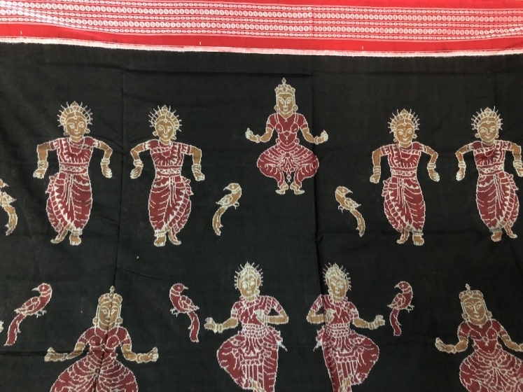 Dancer and Animal Motifs Exclusively Woven Ikat Cotton Saree with Blouse Piece