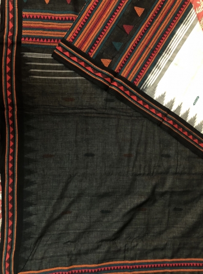 Exclusively Woven White Black Cotton Dongria Saree with Blouse Piece