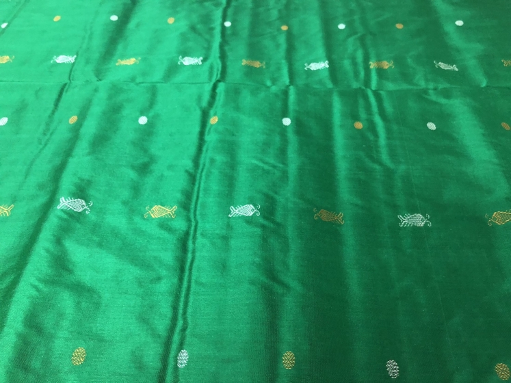 Fish Motifs in Body and Aanchal Bomkai and Ikat Silk Saree with Blouse piece