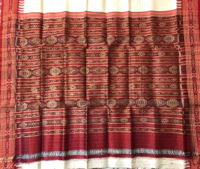 Off White and Red Traditional Khandua Silk Saree without Blouse Piece