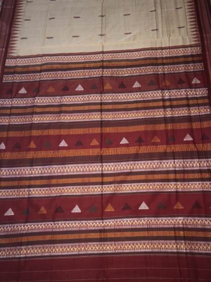 Beige and Maroon Cotton Bomkai Saree with Blouse