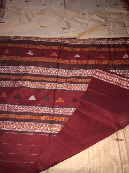 Beige and Maroon Cotton Bomkai Saree with Blouse